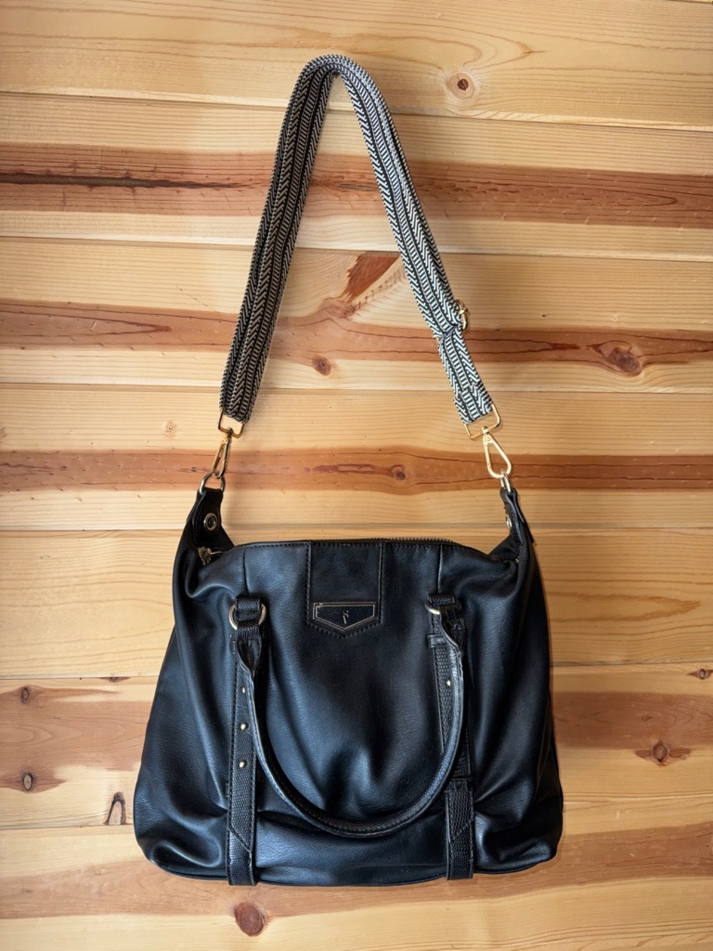 Simply Vera Vera Wang Black Shoulder Tote with Patterned Strap